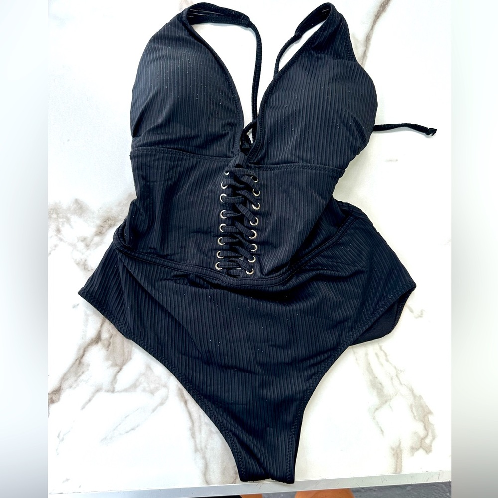 TiniBikini Black Lace-Up One-Piece Swimsuit